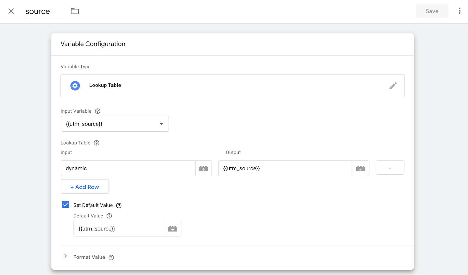 Lookup Table Variable configuration in Google Tag Manager.