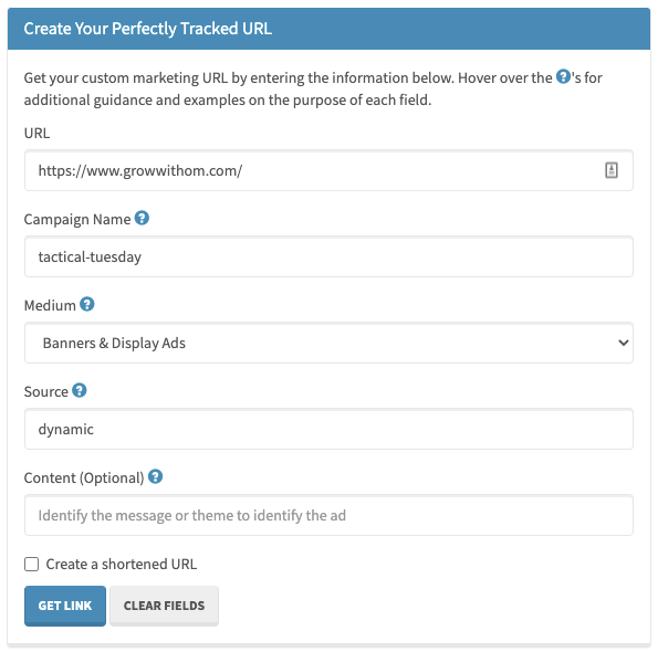 A UTM creation tool with URL, campaign, medium, and source.