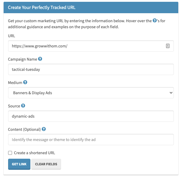 A UTM creation tool with URL, campaign, medium, and source.