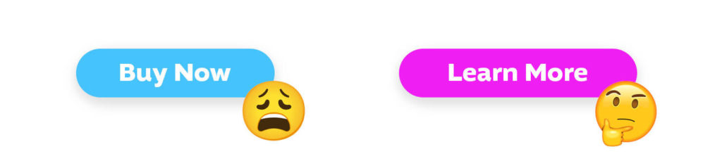 Two common calls to action with emojis next to them. Buy Now, a common transactional and direct call to action is pictured next to a distressed emoji, and Learn More, a more transitional call to action, is pictured next to a thinking emoji.