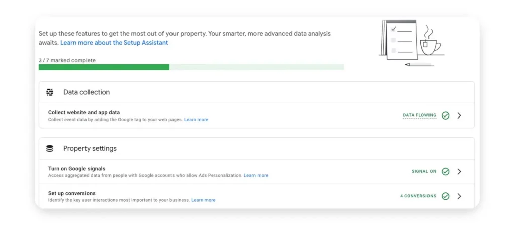 Google Analytics 4 setup is made easier by the Google Analytics 4 setup assistant. Part of the checklist is shown here.