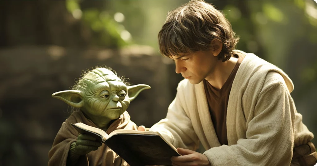 Luke and Yoda reading a story book together.